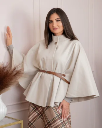 Poncho dama ivoire cu lana si curea in talie Kara
