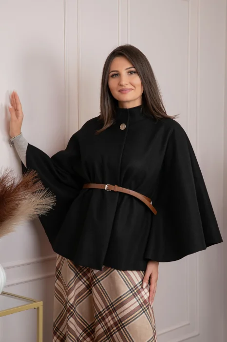 Poncho dama negru cu lana si curea in talie Kara