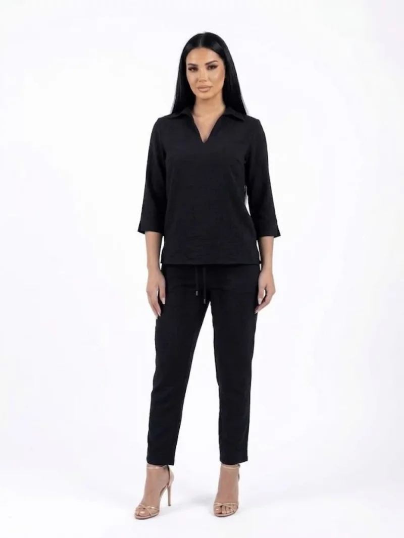 Pantalon conic casual negru din vascoza cu buzunare laterale si snur reglabil