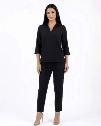Pantalon conic casual negru din vascoza cu buzunare laterale si snur reglabil