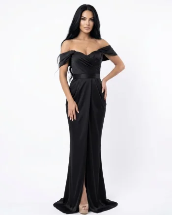Rochie eleganta din tafta neagra cu falduri in lateral si umar cazut