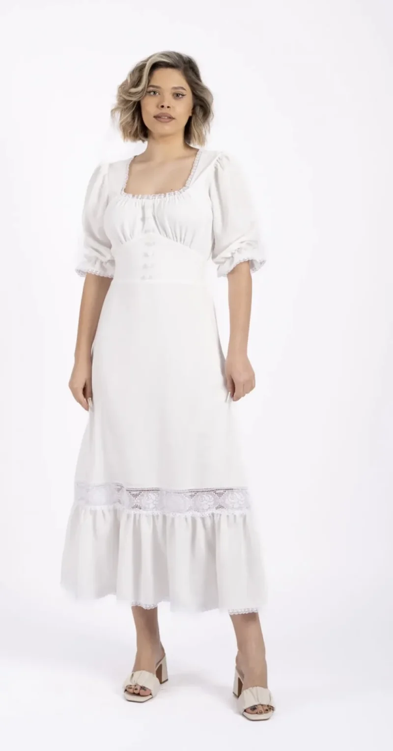 Rochie vaporoasa midi alba din vascoza