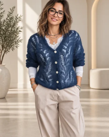 Cardigan dantelat cu mohair, cu model foarte fin  ,   pulover casual chic bleumarin