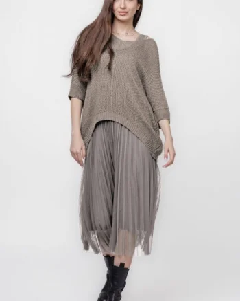 Rochie suprapusa cu puloveras si tulle plisat, bej inchis