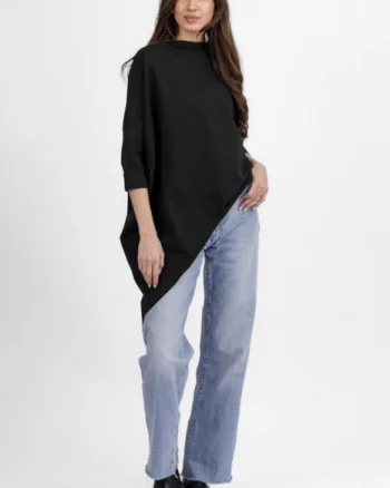 Bluza neagra din jerseu bumbac, cu un colt lateral