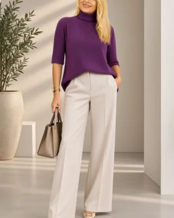Pulover versatil cu maneci scurte ribbed si guler inalt, din vascoza, mov