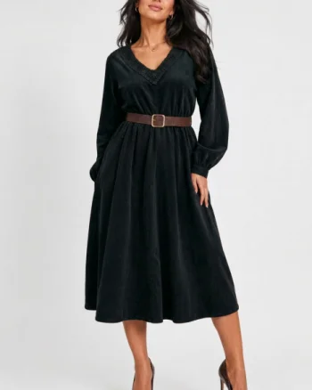 Rochie midi din catifea reiata de bumbac cu dantela si curea, neagra