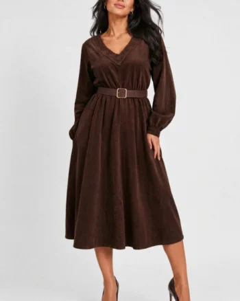 Rochie midi din catifea reiata de bumbac cu dantela si curea, maro