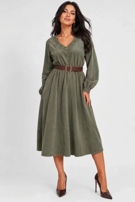 Rochie midi din catifea reiata de bumbac cu dantela si curea, kaki
