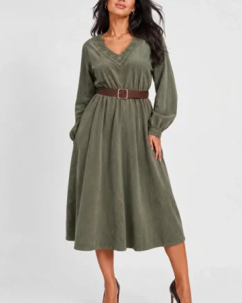 Rochie midi din catifea reiata de bumbac cu dantela si curea, kaki
