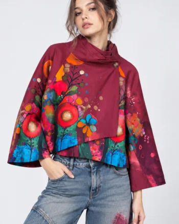 Jacheta scurta petrecuta cu imprimeu floral abstract multicolor, bordo