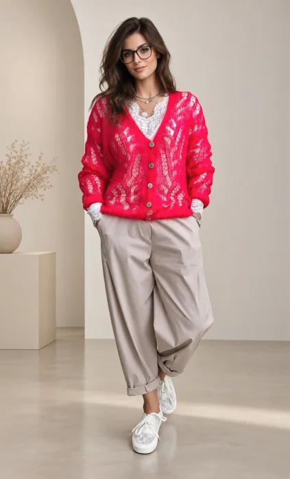Cardigan dantelat cu mohair, cu model foarte fin  ,   pulover casual chic rosu carmin