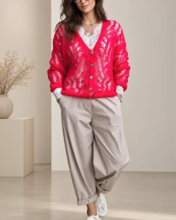 Cardigan dantelat cu mohair, cu model foarte fin  ,   pulover casual chic rosu carmin