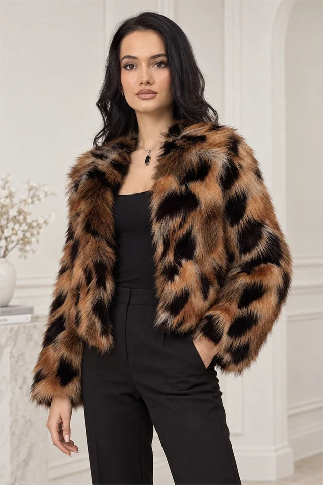 Haina animal print Ysolde din blana ecologica, cu interior satinat, ARAMIU, Marime S/M