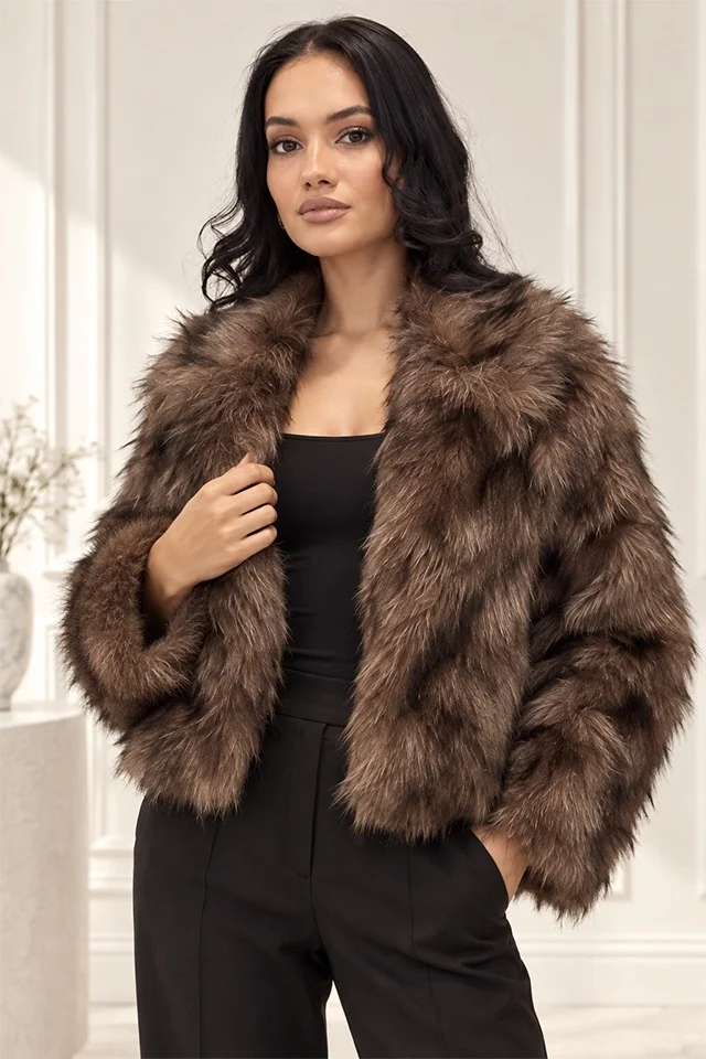 Haina animal print Ysolde din blana ecologica, cu interior satinat, BEJ, Marime S/M