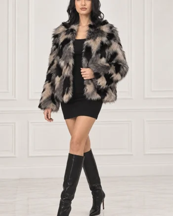 Haina animal print Ysolde din blana ecologica, cu interior satinat, Crem, Marime S/M