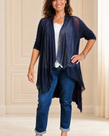 Blazer dama midi din matase usor asimetric, croi fluid pentru layering, bleumarin