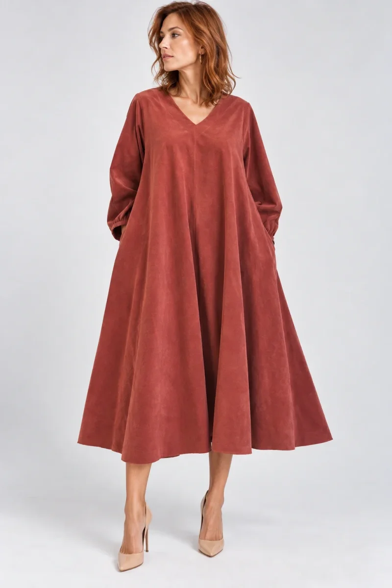 Rochie midi ampla din catifea reiata de bumbac, caramiziu