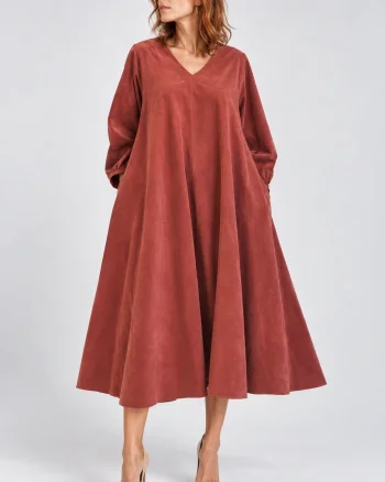 Rochie midi ampla din catifea reiata de bumbac, caramiziu