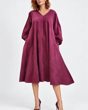 Rochie midi ampla din catifea reiata de bumbac, bordo