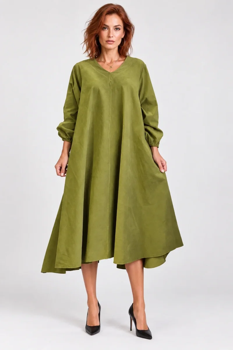 Rochie midi ampla din catifea reiata de bumbac, verde olive