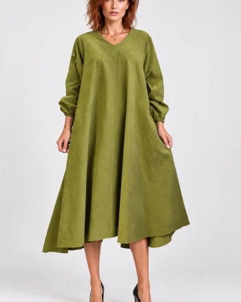 Rochie midi ampla din catifea reiata de bumbac, verde olive