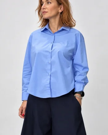 Camasa dama asimetrica din bumbac cu croi lejer, bleu