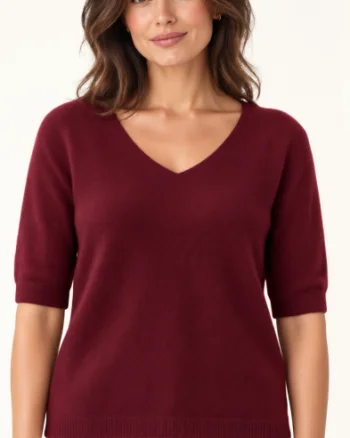 Pulover dama cu maneca scurta raglan si decolteu in V, bordo
