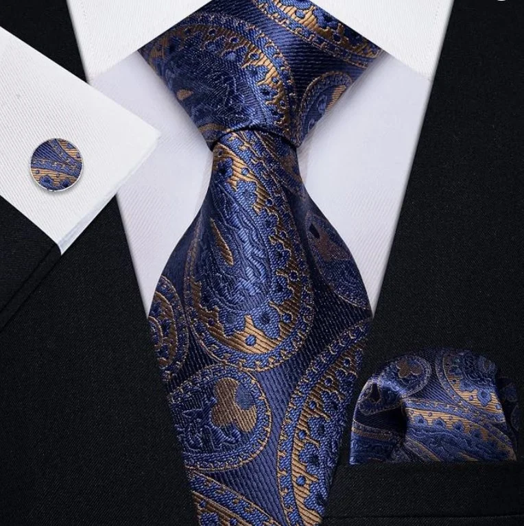 Cravata bleumarin cu auriu + batista + butoni - matase -- model 886