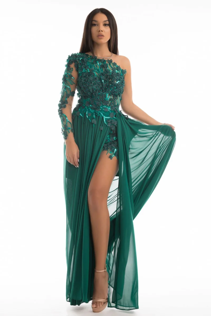 Rochie de seara lunga din voal cu broderie 3D