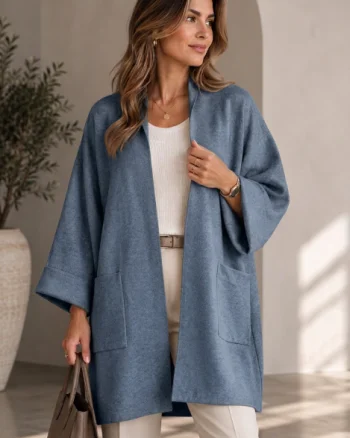 Cardigan lung oversize din vascoza, cu buzunare aplicate si croi amplu, albastru jeans