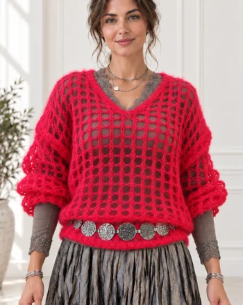 Pulover plasa cu mohair, cu model foarte fin  ,   un pulover accesoriu chic rosu carmin