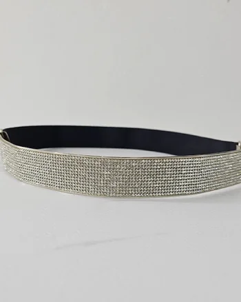 Curea elastica, metalica, cu pietre artizanale, Bow, Latime 3 cm, Argintiu