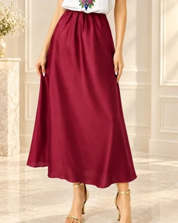 Fusta eleganta Penelope, cu textura satinata si croi lung, Visiniu, Marime S/M/L