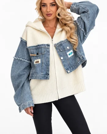 Jacheta tricotata LUREIA, cu insertii denim si gluga, Alb unt, Marime S/M/L