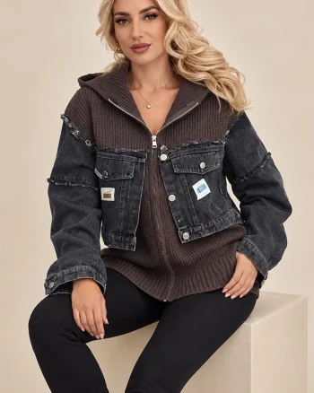 Jacheta tricotata LUREIA, cu insertii denim si gluga, Maro cafeniu, Marime S/M/L