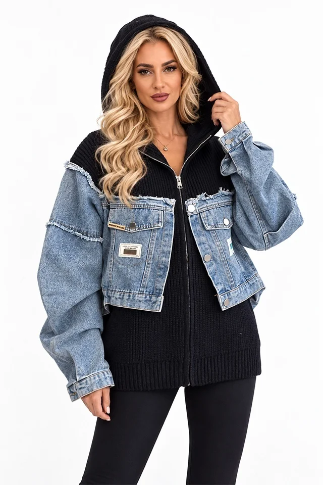 Jacheta tricotata LUREIA, cu insertii denim si gluga, Negru, Marime S/M/L