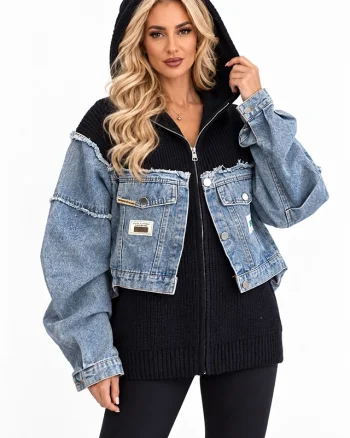 Jacheta tricotata LUREIA, cu insertii denim si gluga, Negru, Marime S/M/L
