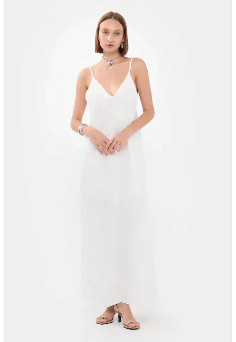 Rochie maxi -  Decolteu in V - Bumbac - Alb