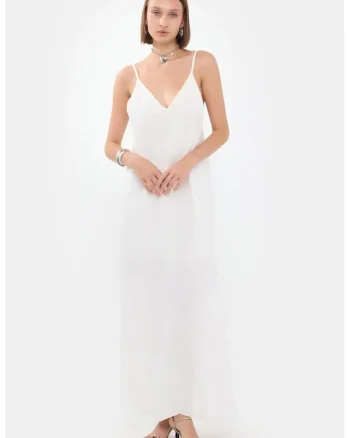 Rochie maxi -  Decolteu in V - Bumbac - Alb