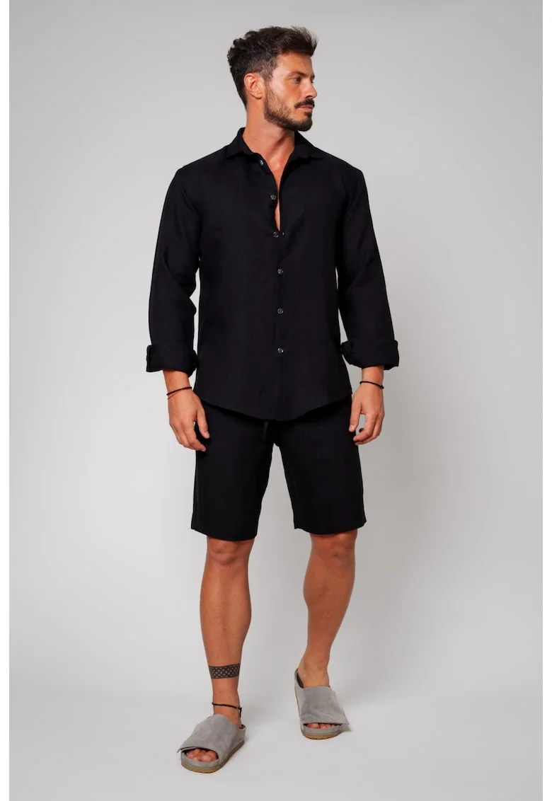 Set Lino din In 100% camasa si pantalon scurt Black 13348 - Negru