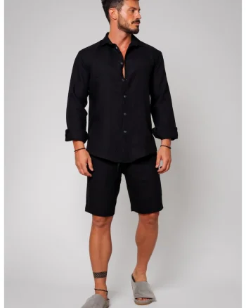 Set Lino din In 100% camasa si pantalon scurt Black 13348 - Negru