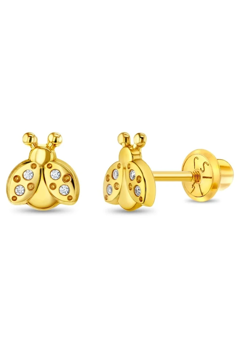 Cercei din Aur 14K pentru Copii – Buburuza cu Pietre CZ - inchidere cu Filet si Protectie