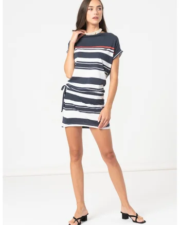 Rochie cu model in dungi Carina - Rosu/Alb/Bleumarin