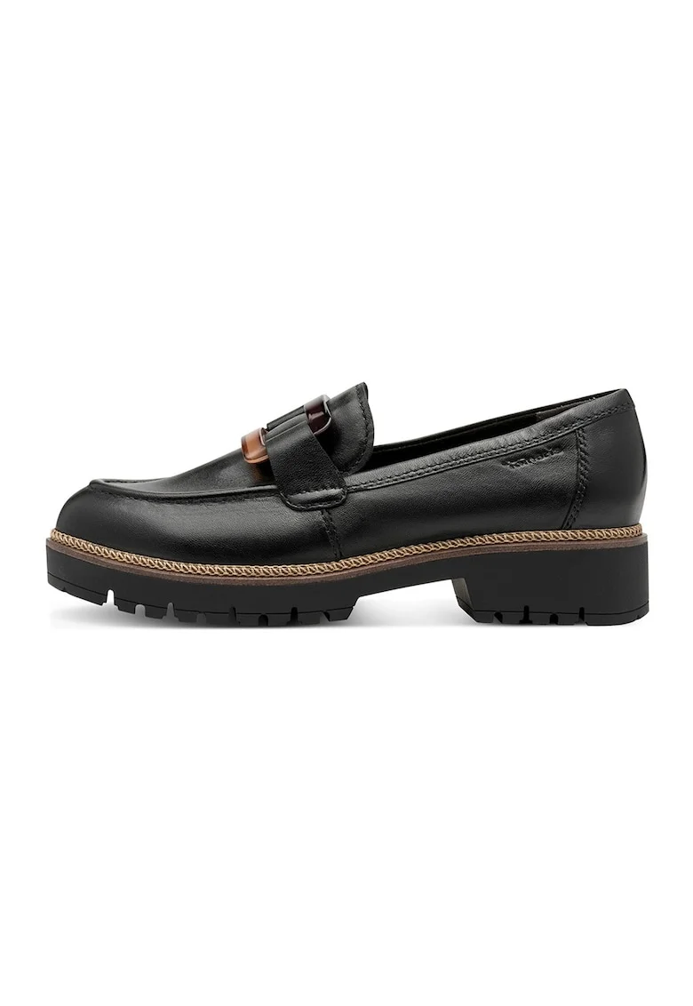 Pantofi loafer de piele cu toc masiv - Negru/Bej deschis