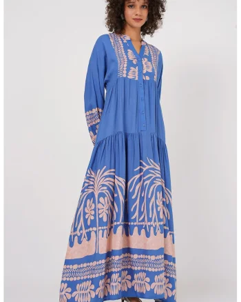 Rochie maxi HiCCUP BDART - decolteu in V - captusita - textil - albastru inchis