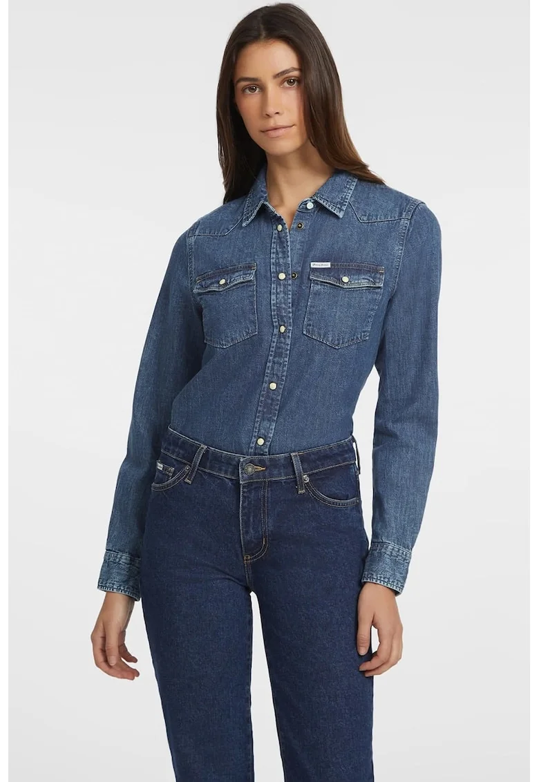 Camasa din denim cu buzunare pe piept - Albastru inchis