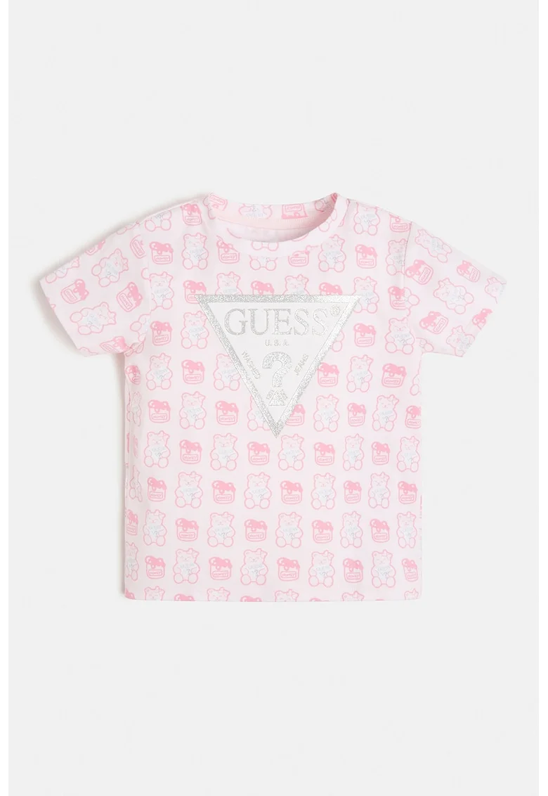 Tricou cu imprimeu si decolteu la baza gatului - Roz pastel/Alb optic