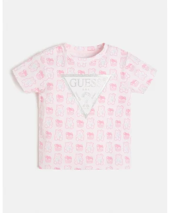 Tricou cu imprimeu si decolteu la baza gatului - Roz pastel/Alb optic