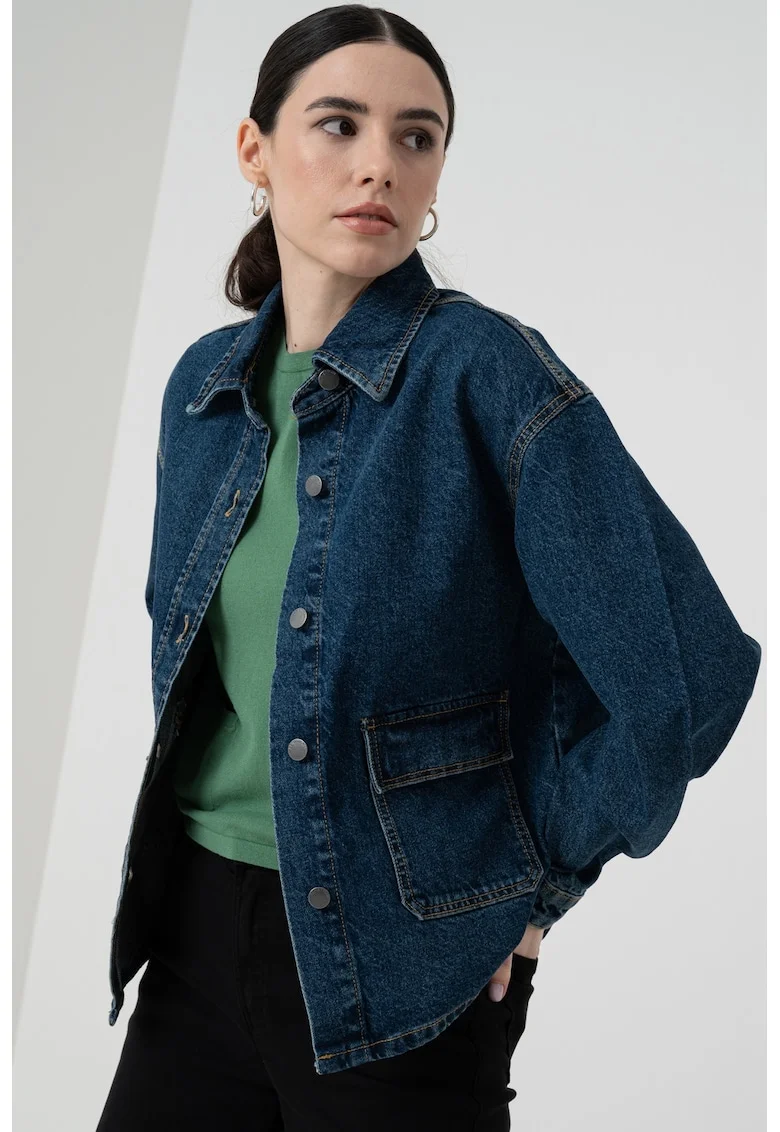 Jacheta din denim cu maneci cazute - Bleumarin